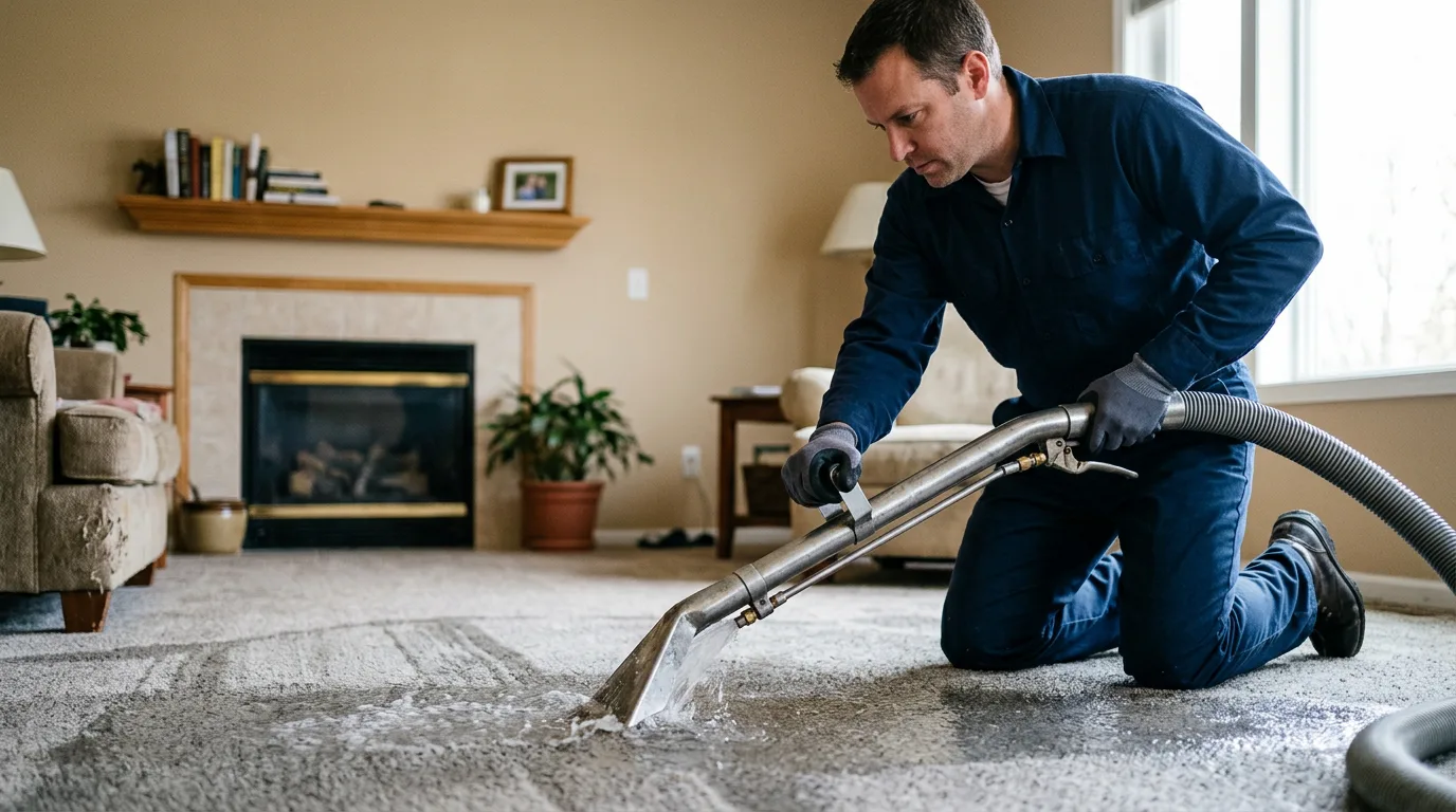 Water damage restoration technician working in a home in Washington